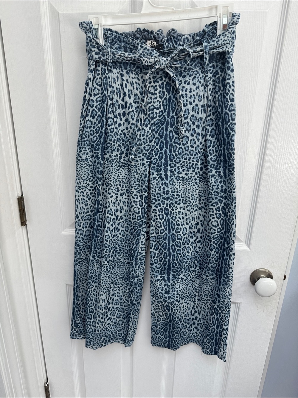 Blue Leopard-Print Paperbag Waist Wide-Leg Pants